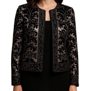 Soiree Petite Silver Gray Jacket With Black Velvet Leaves Pattern. Size 14P